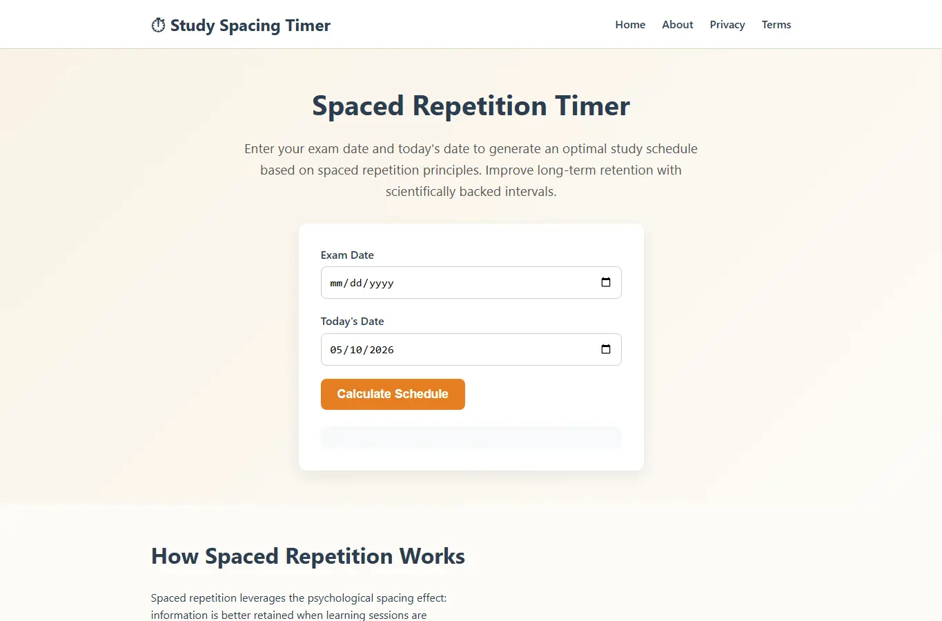 Screenshot of Study Session Spacing Timer interface showing the project page in use